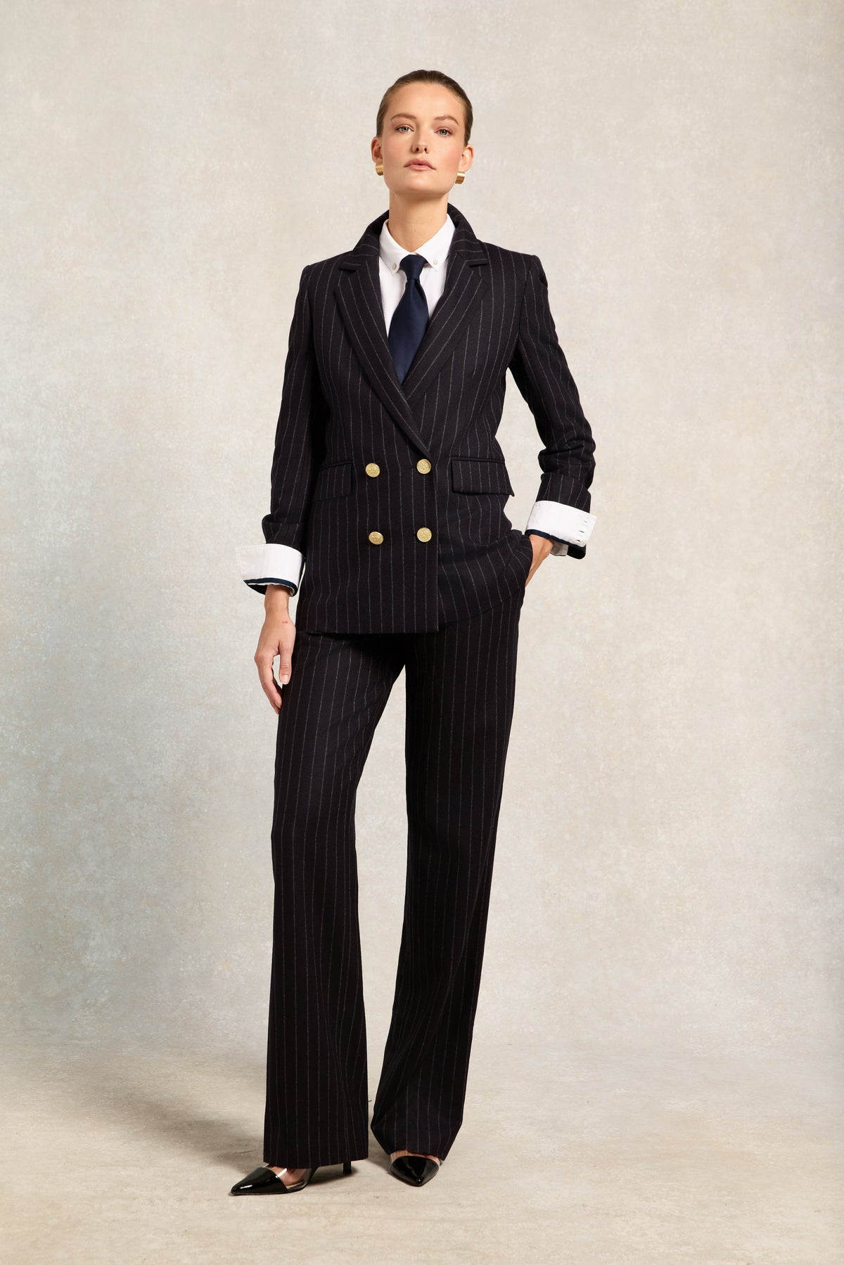 Double Breasted Blazer (Navy Chalk Pinstripe)