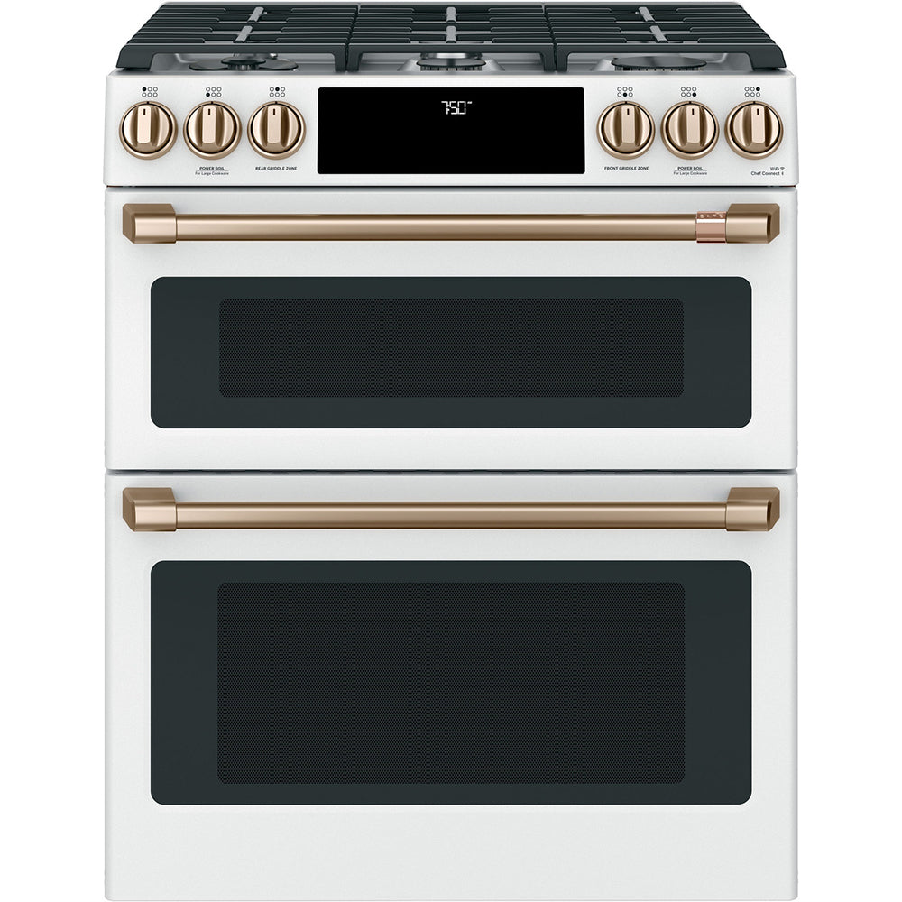 6.7 CuFt Smart 6-Burner Slide-In Double Gas Range in Matte White with Air Fry and In-Oven Broiling