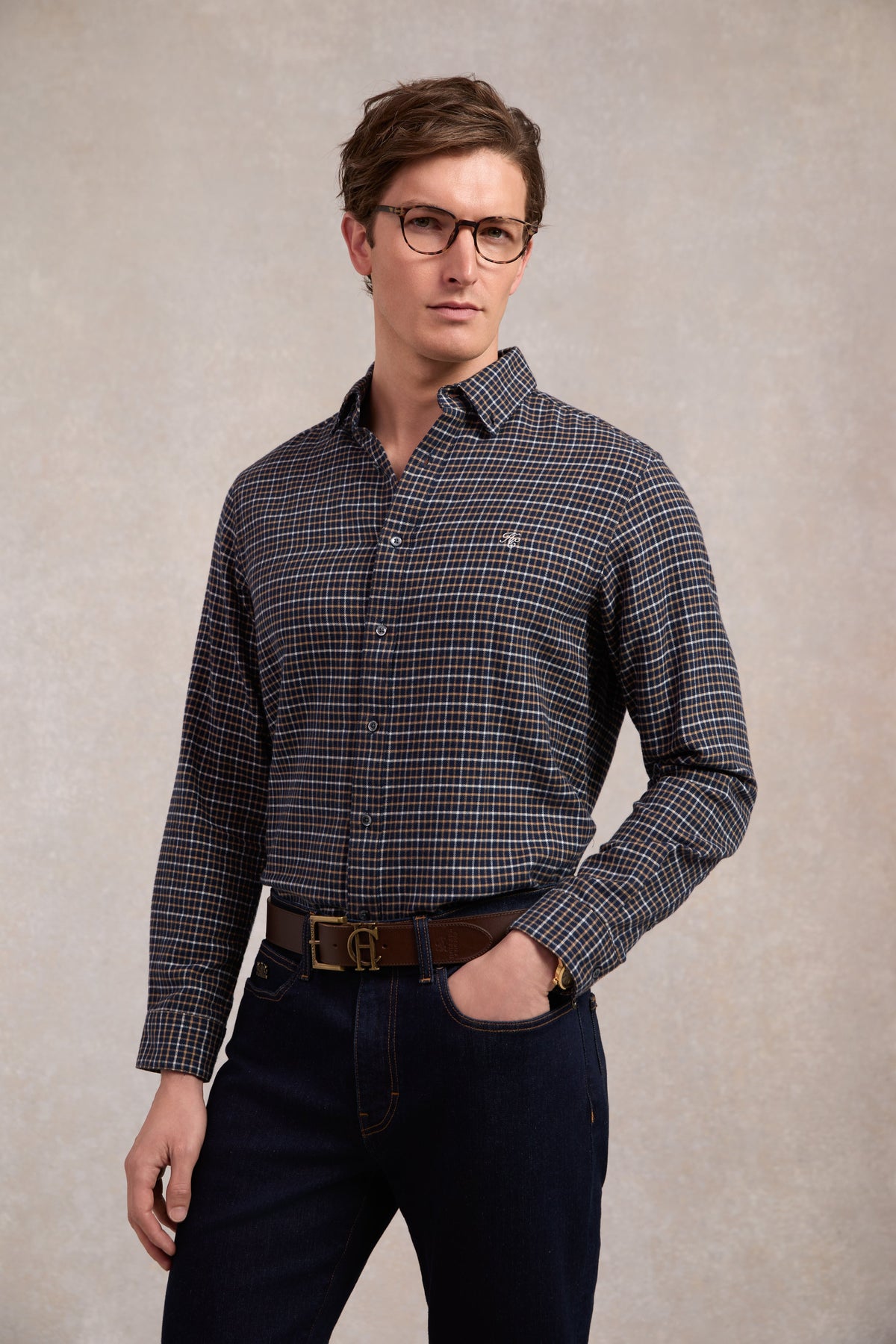 Men's Classic Fit Brushed Cotton Shirt (Cheltenham Navy Check)