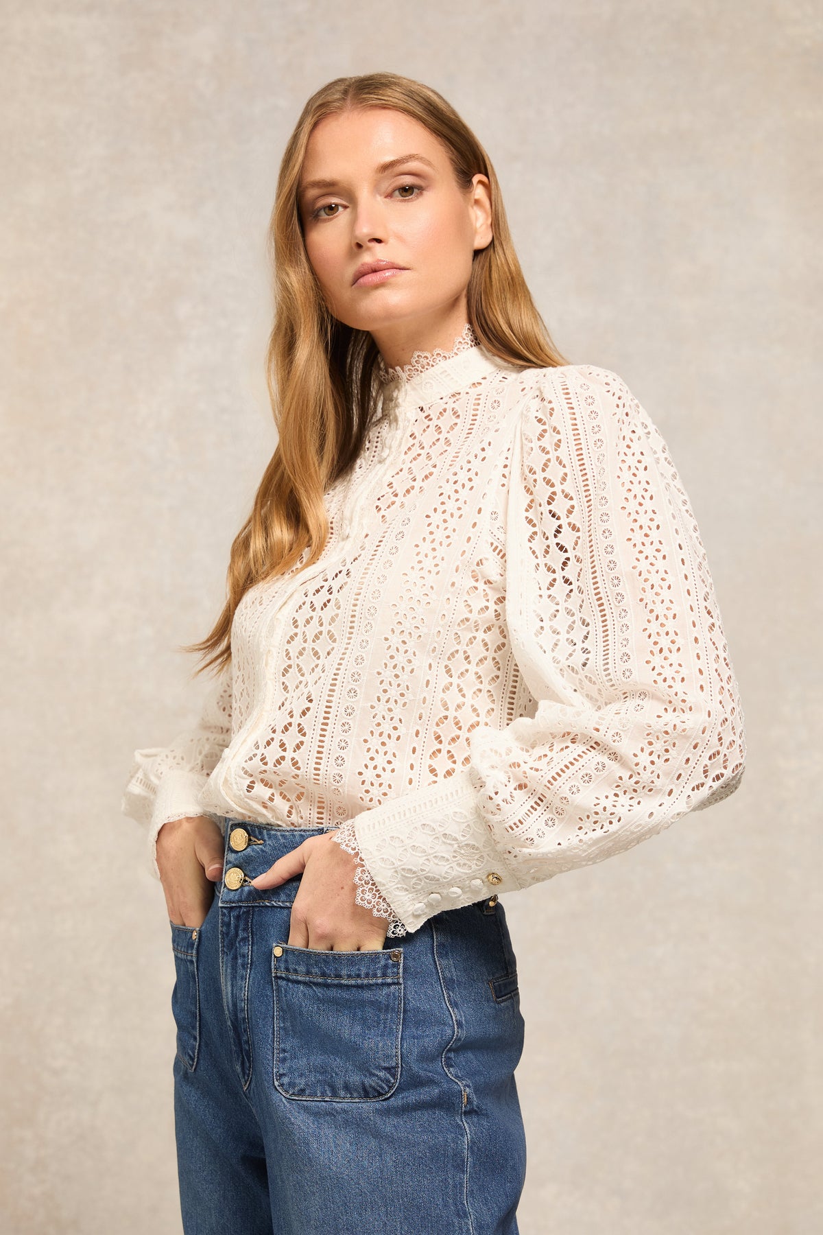 Collarless Broderie Shirt (White)
