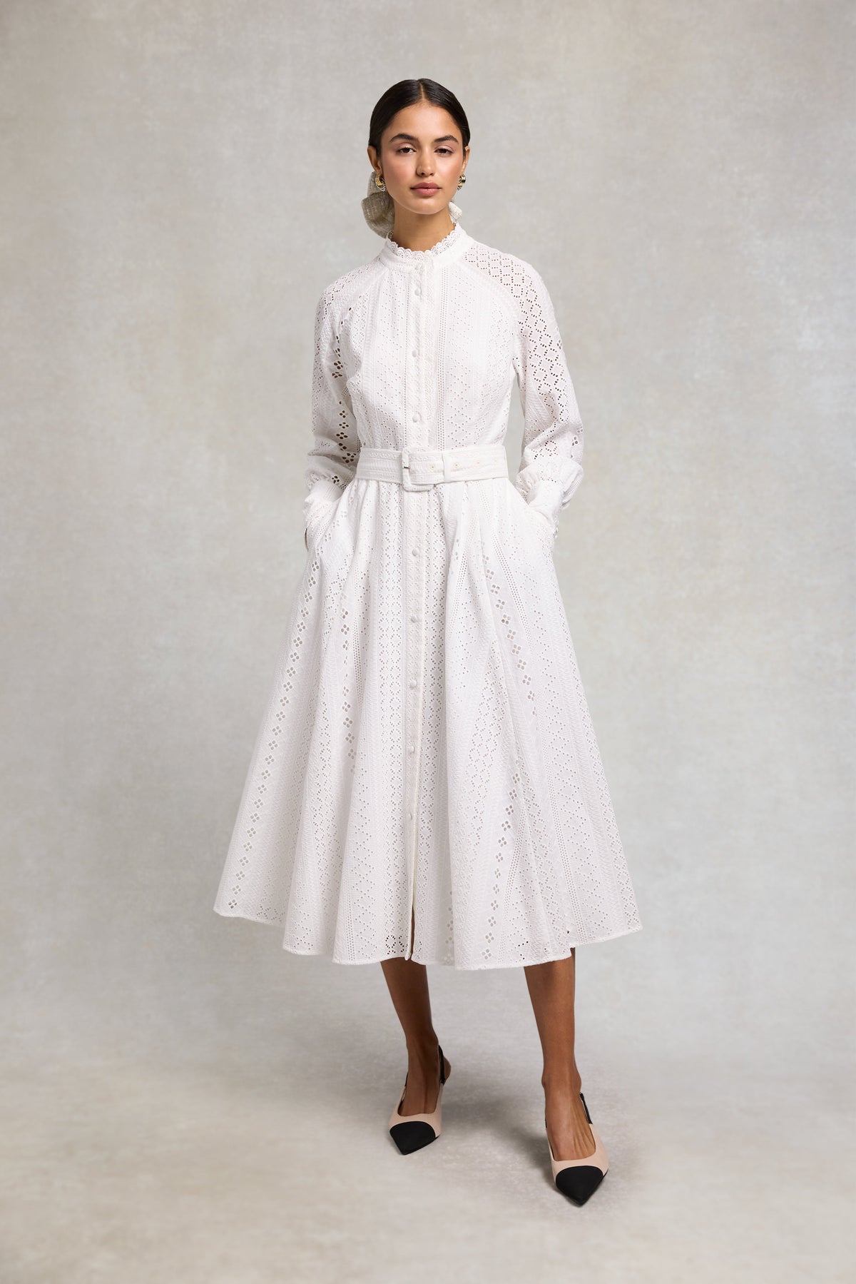 Aimee Collarless Broderie Dress (White)