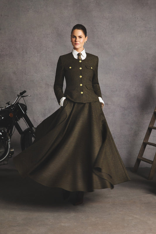 360 Maxi Tweed Circle Skirt (Dark Green Herringbone)