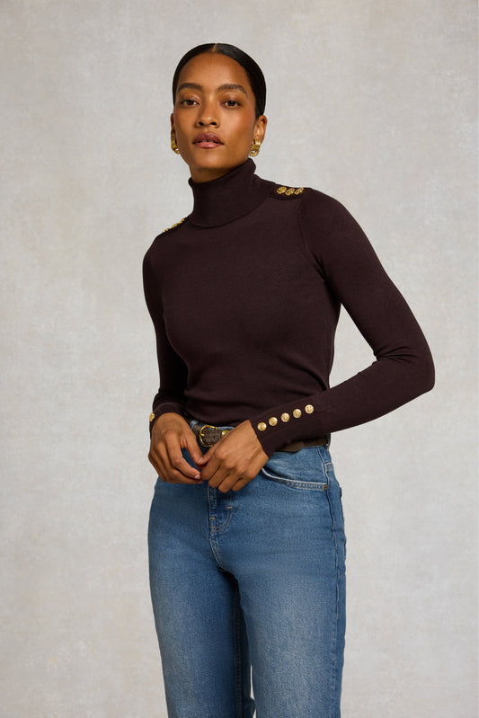 Buttoned Knit Roll Neck (Chocolate)