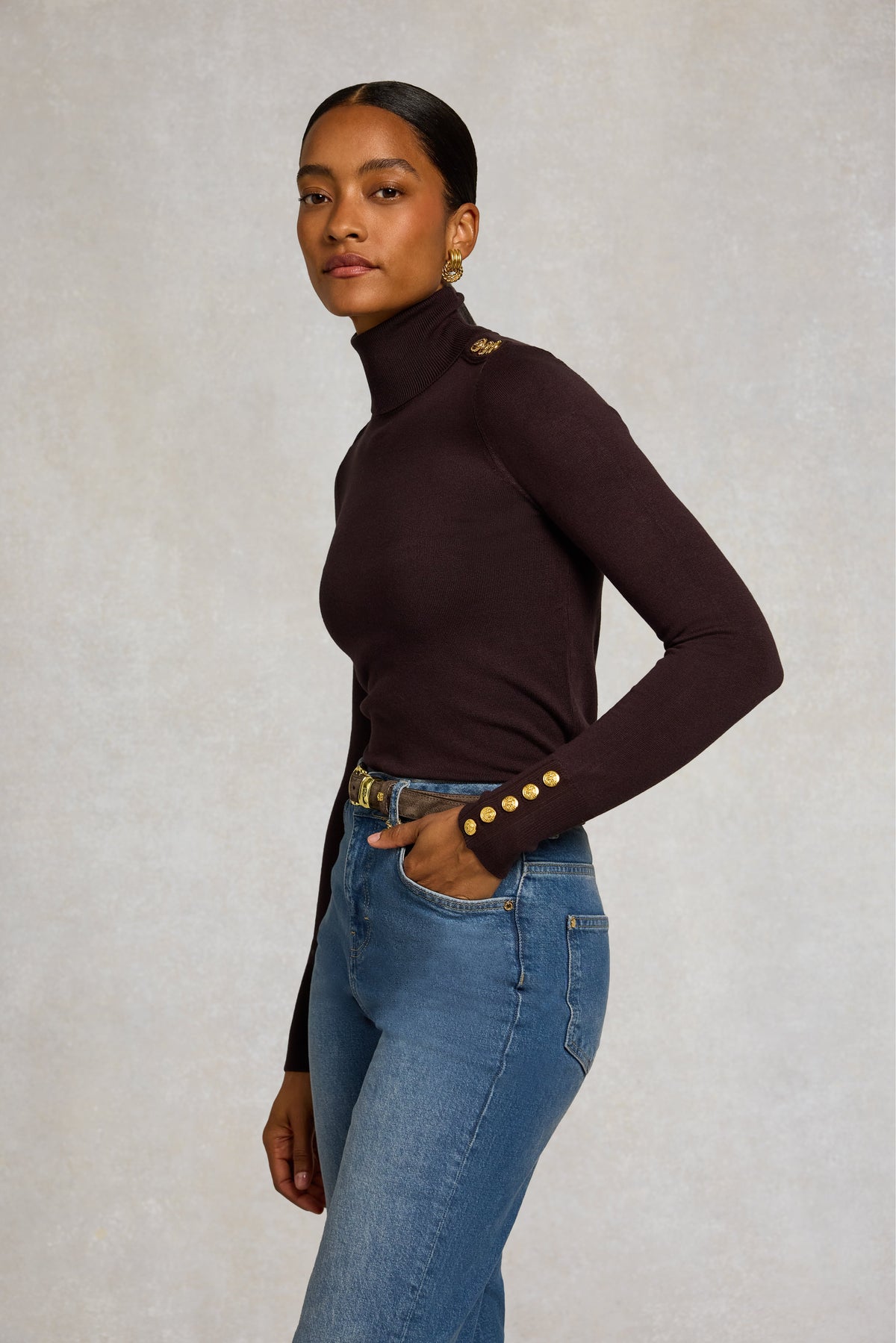 Buttoned Knit Roll Neck (Chocolate)