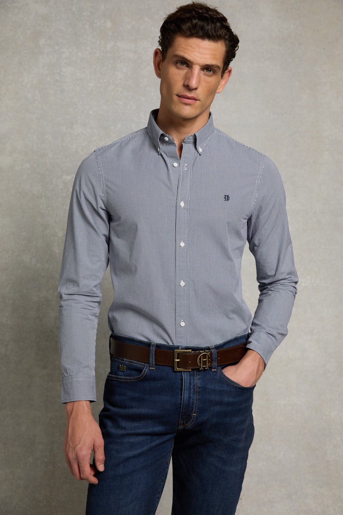 Men's Classic Fit Button Down Shirt (Micro Navy Gingham)
