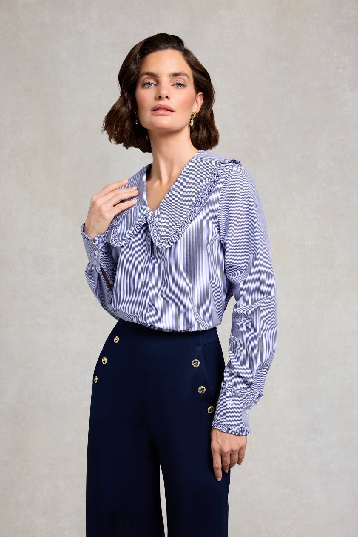 Clementine Ruffle Collar Shirt (Yacht Blue Stripe)