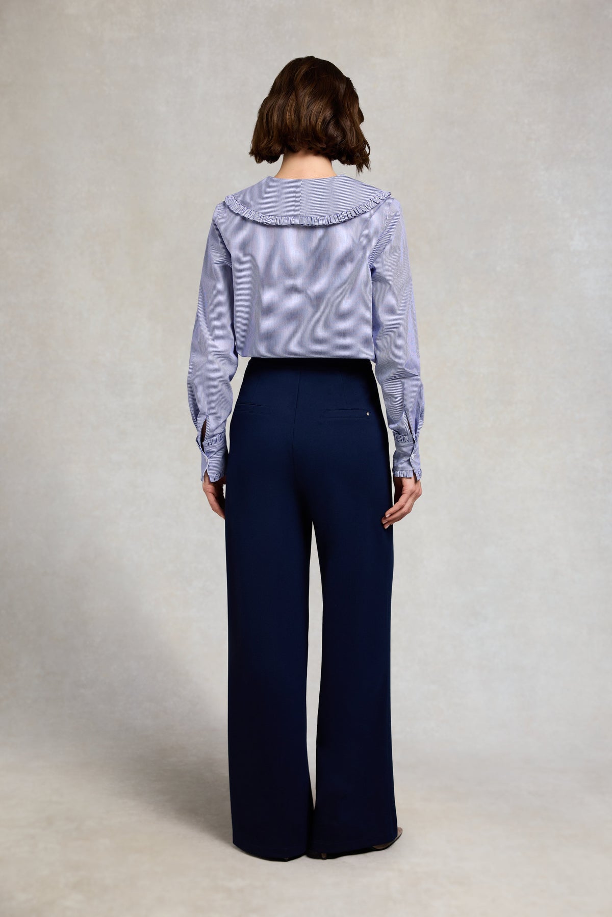 Clementine Ruffle Collar Shirt (Yacht Blue Stripe)