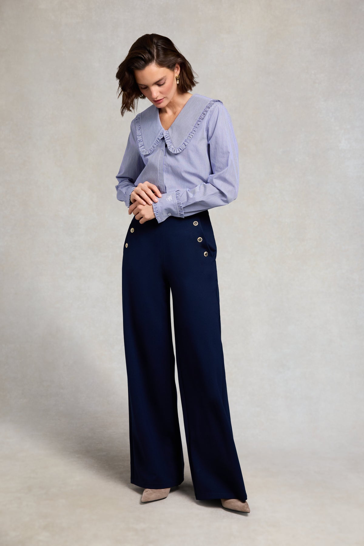 Clementine Ruffle Collar Shirt (Yacht Blue Stripe)