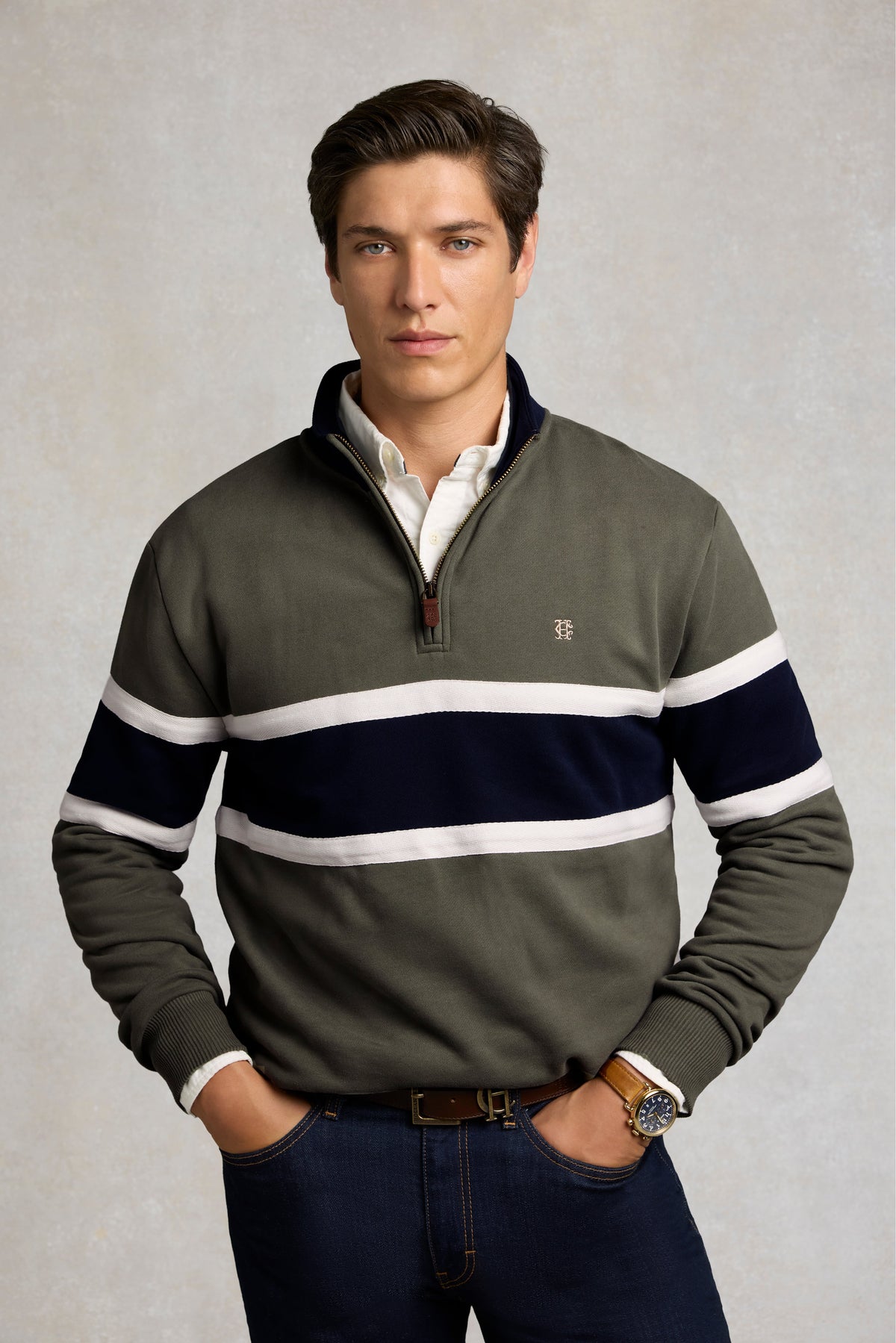 Men's Colour Block Quarter Zip Sweat (Khaki)