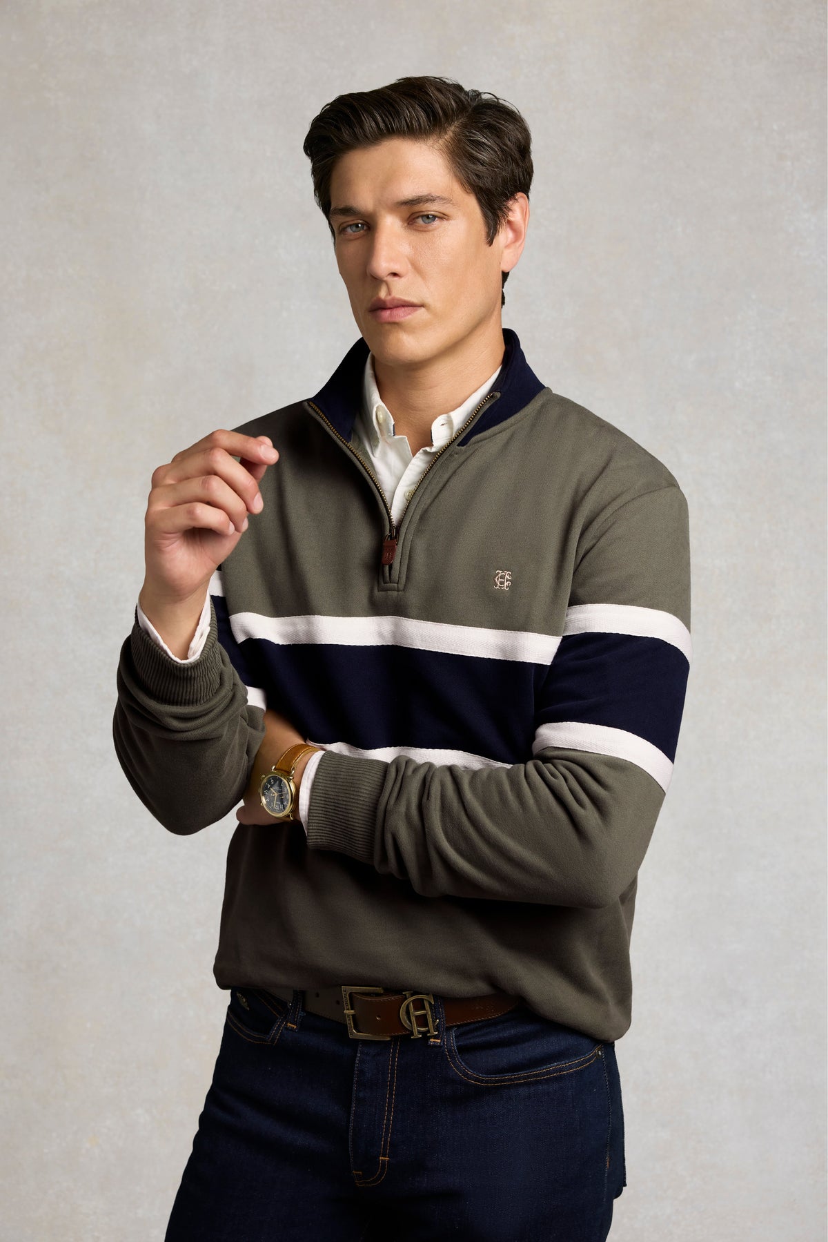 Men's Colour Block Quarter Zip Sweat (Khaki)