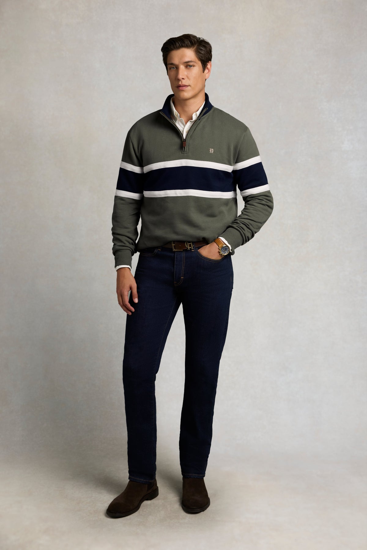 Men's Colour Block Quarter Zip Sweat (Khaki)
