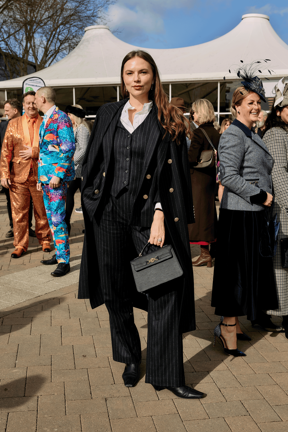 Darya Zozulya's Cheltenham Look (Navy Chalk Pinstripe)
