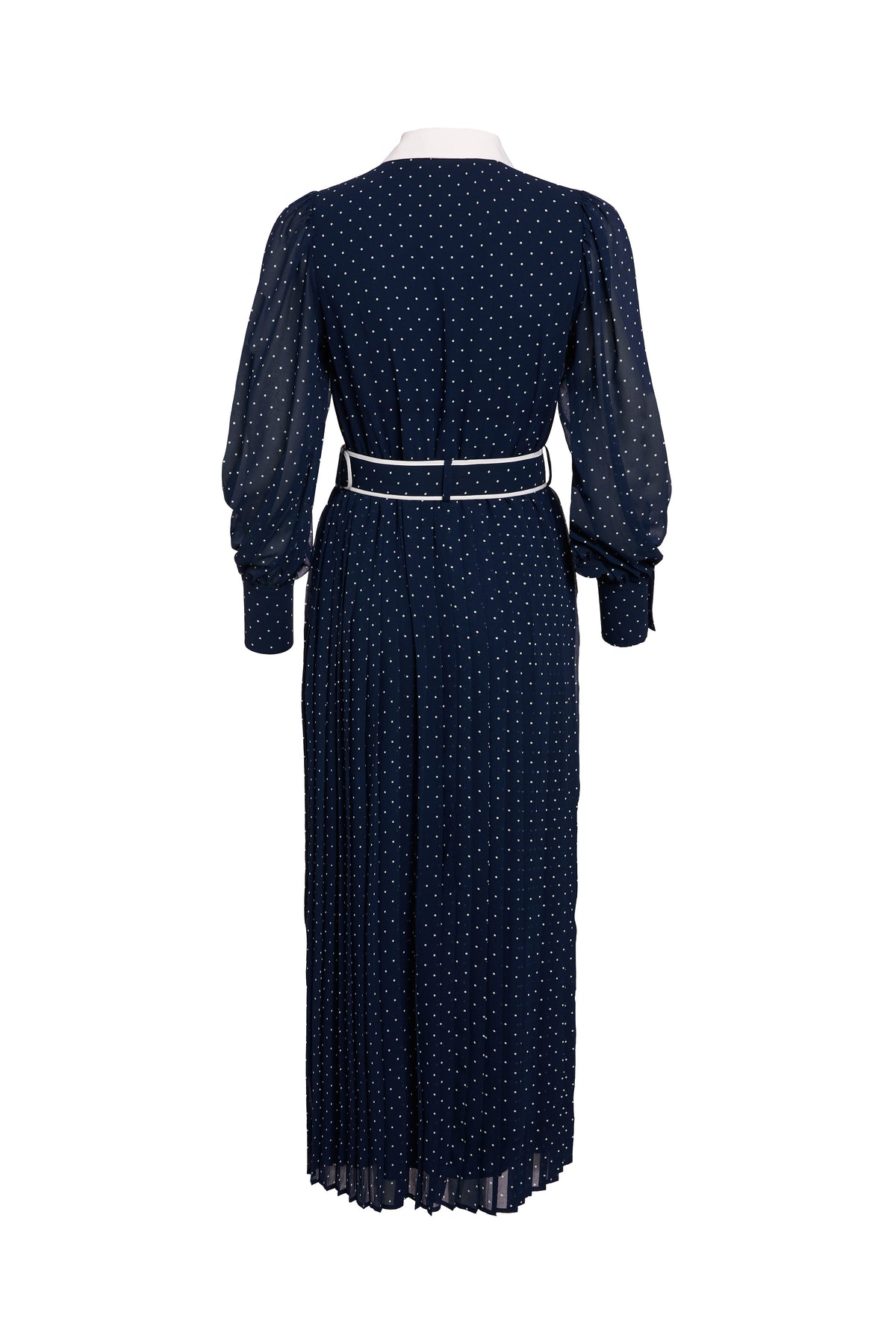 Annabel Pleated Maxi Dress (Ink Navy Polka Dot)