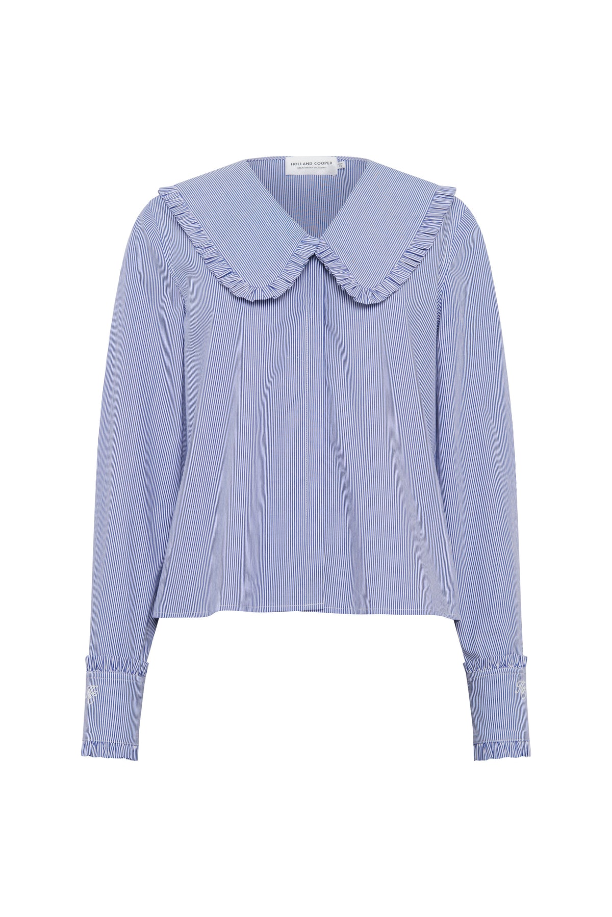 Clementine Ruffle Collar Shirt (Yacht Blue Stripe)