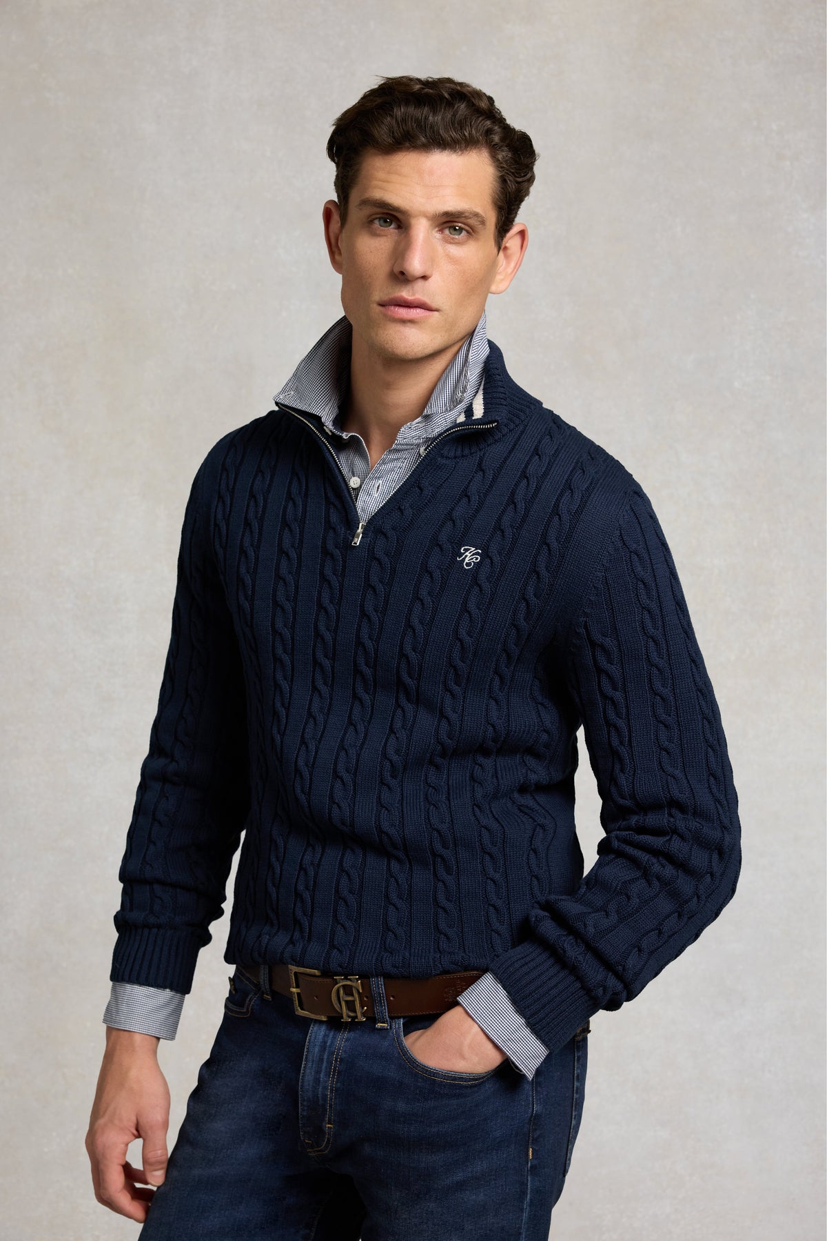 Men's Cable Quarter Zip Knit (Ink Navy)
