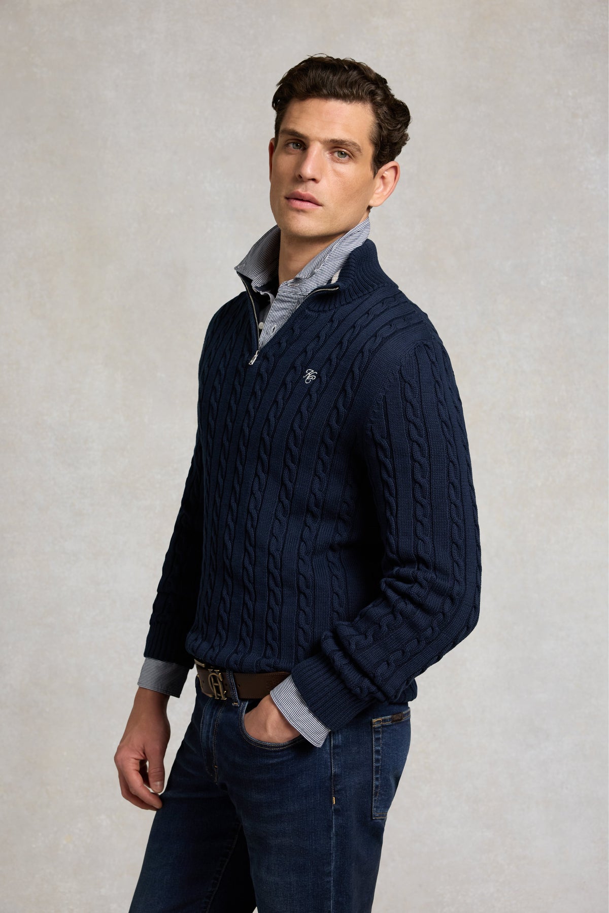 Men's Cable Quarter Zip Knit (Ink Navy)