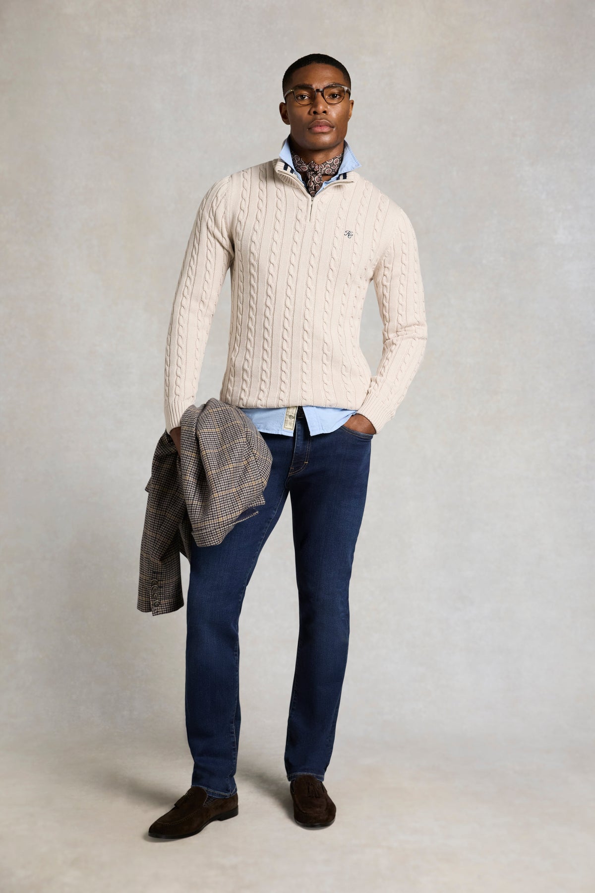 Men's Cable Quarter Zip Knit (Stone)
