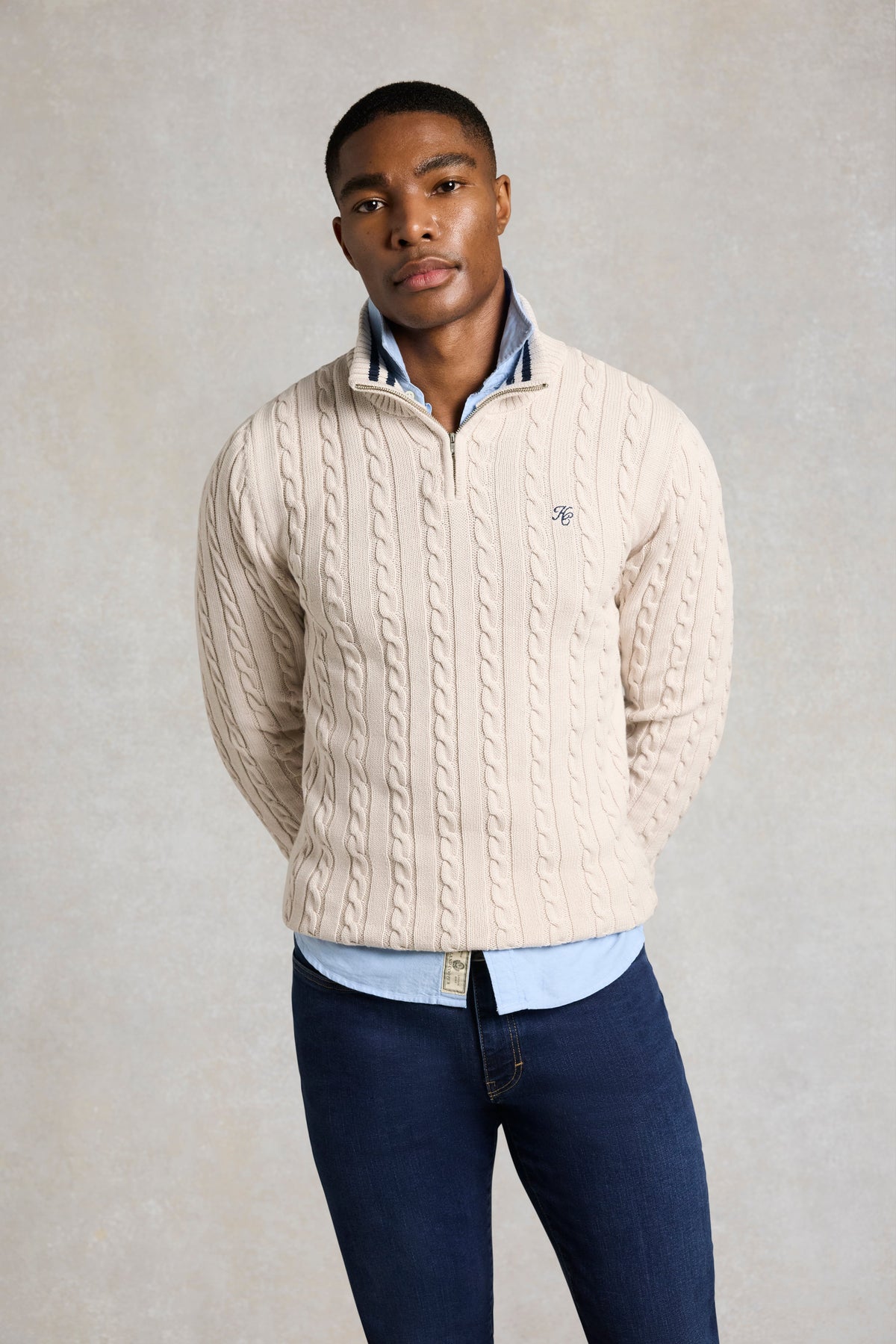 Men's Cable Quarter Zip Knit (Stone)