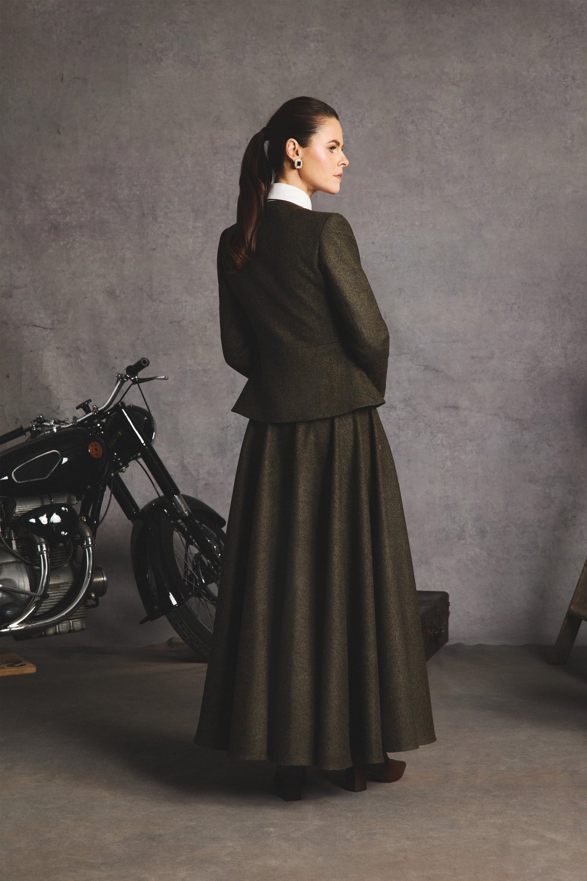 Tailored Peplum Jacket (Dark Green Herringbone)