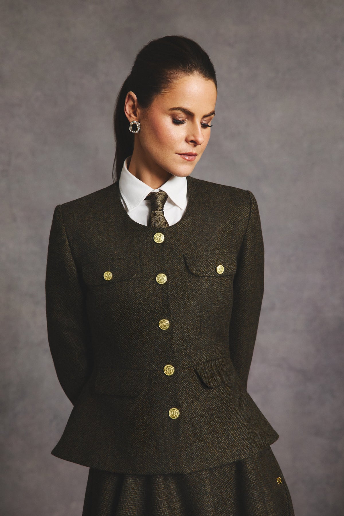 Tailored Peplum Jacket (Dark Green Herringbone)