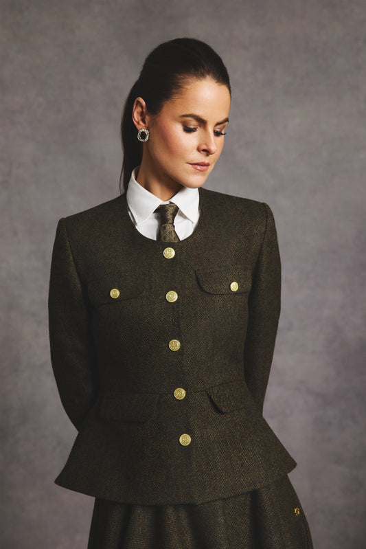 Tailored Peplum Jacket (Dark Green Herringbone)