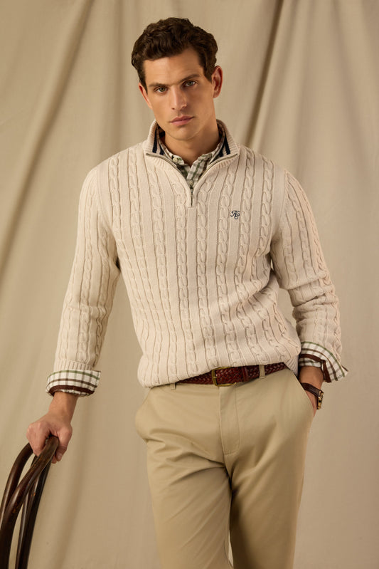 Men's Cable Quarter Zip Knit (Stone)