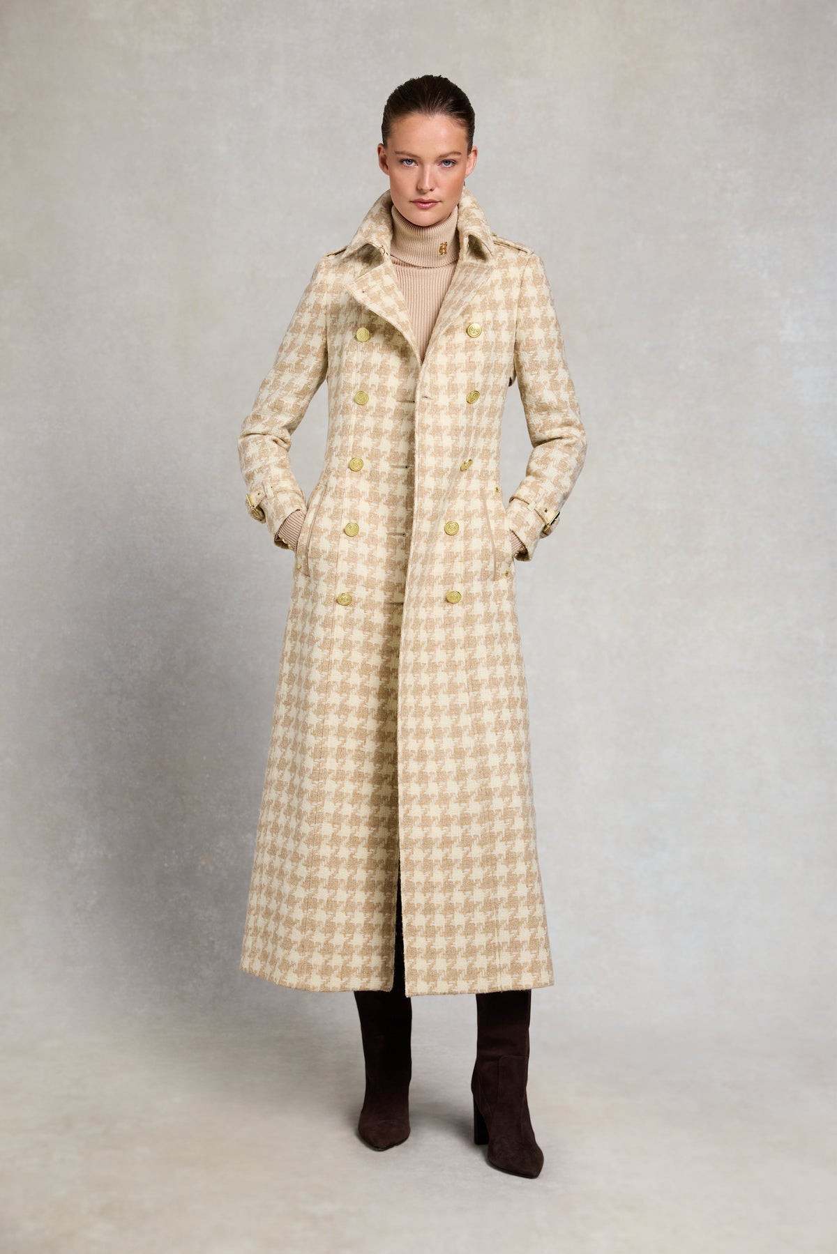 Full Length Marlborough Trench Coat (Camel Houndstooth)