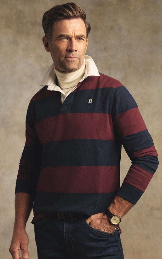 Men's Long Sleeve Rugby Shirt (Burgundy Stripe)