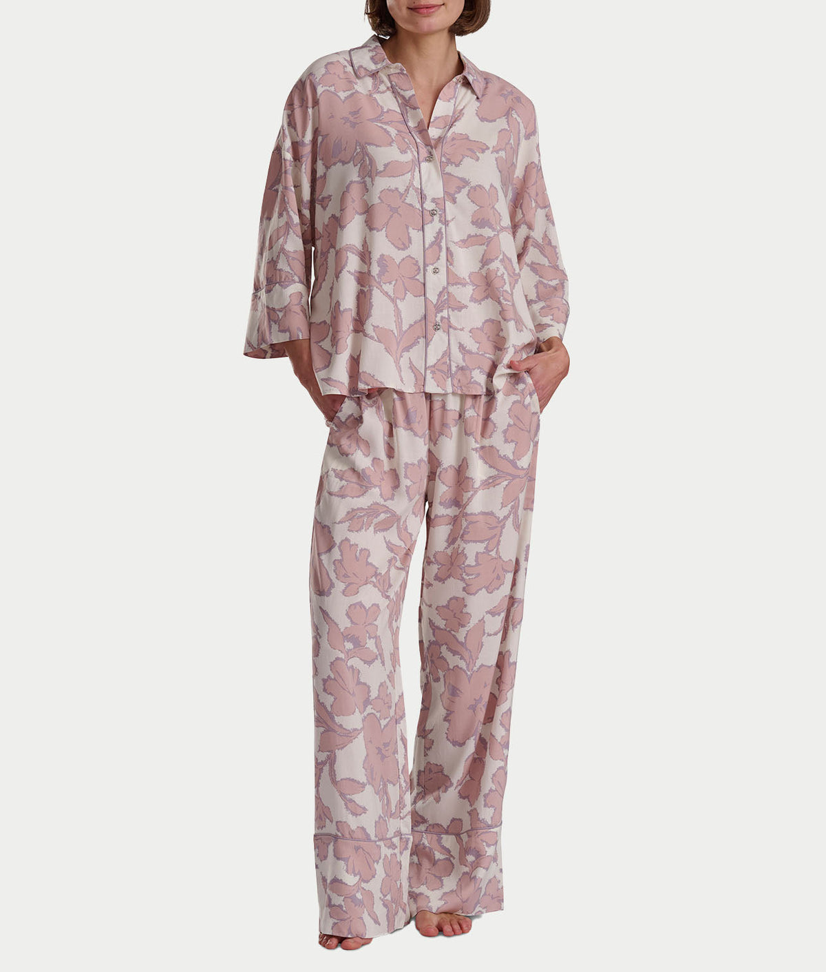 Woven 3/4 Sleeve Button-Down Top and Long Pant Set