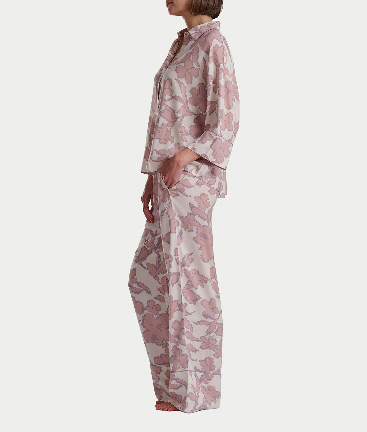 Woven 3/4 Sleeve Button-Down Top and Long Pant Set