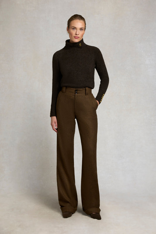High Waisted Wide Leg Trouser (Tobacco Herringbone)