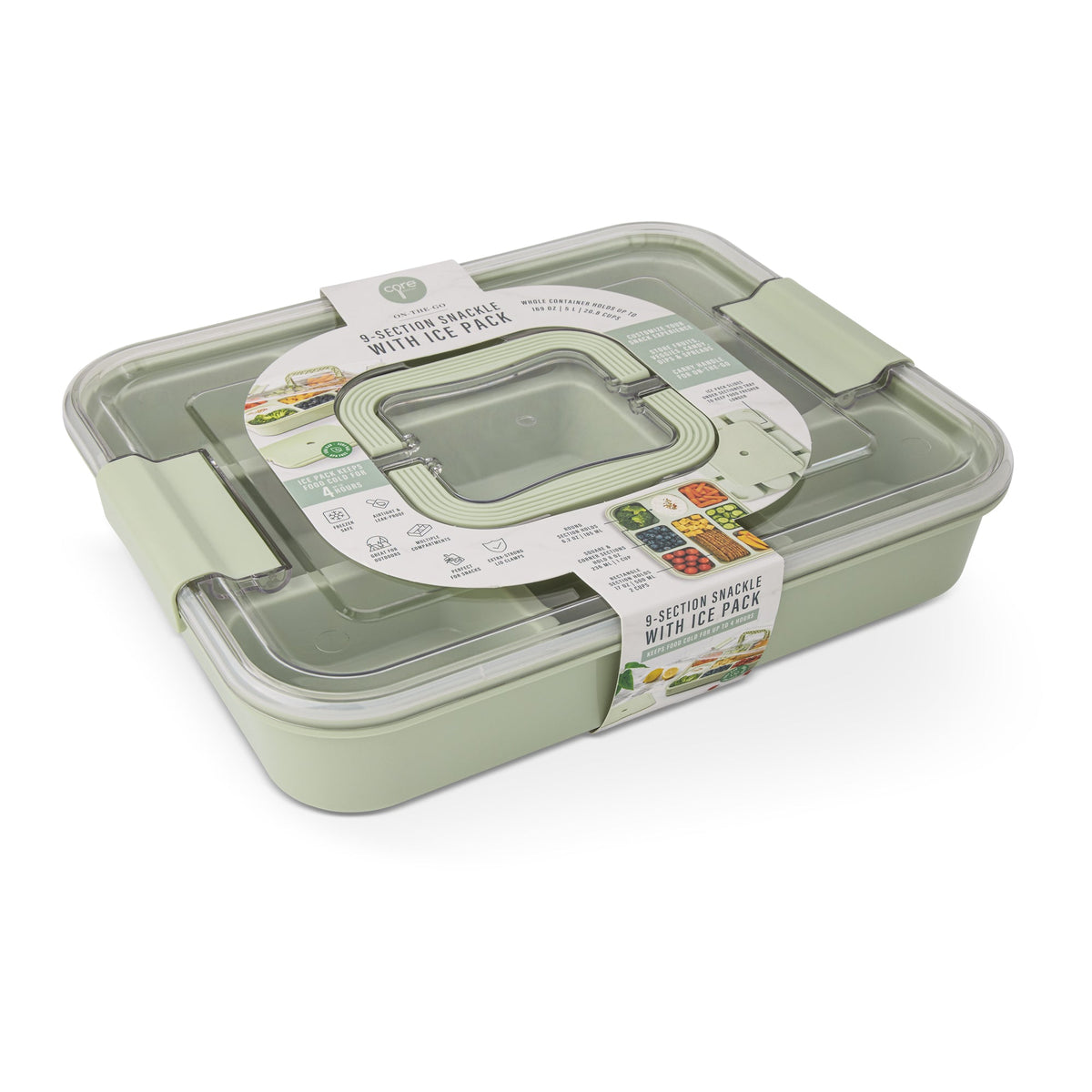 9 Section Snackle w/ Ice Pack & Handle Clip Lid - Etched Glass