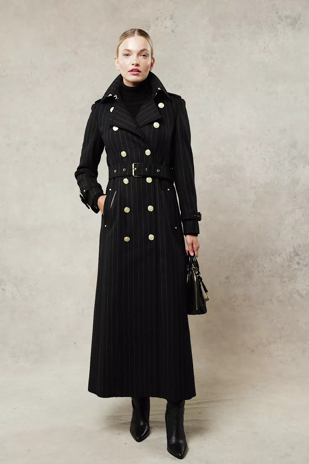 Full Length Marlborough Trench Coat (Black Pinstripe)
