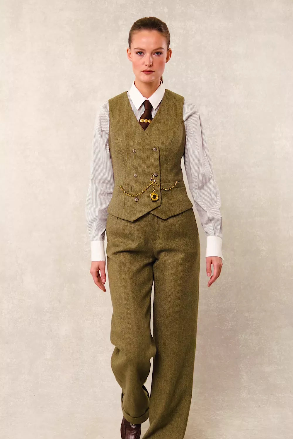 High Waisted Wide Leg Trouser (Moss Herringbone)