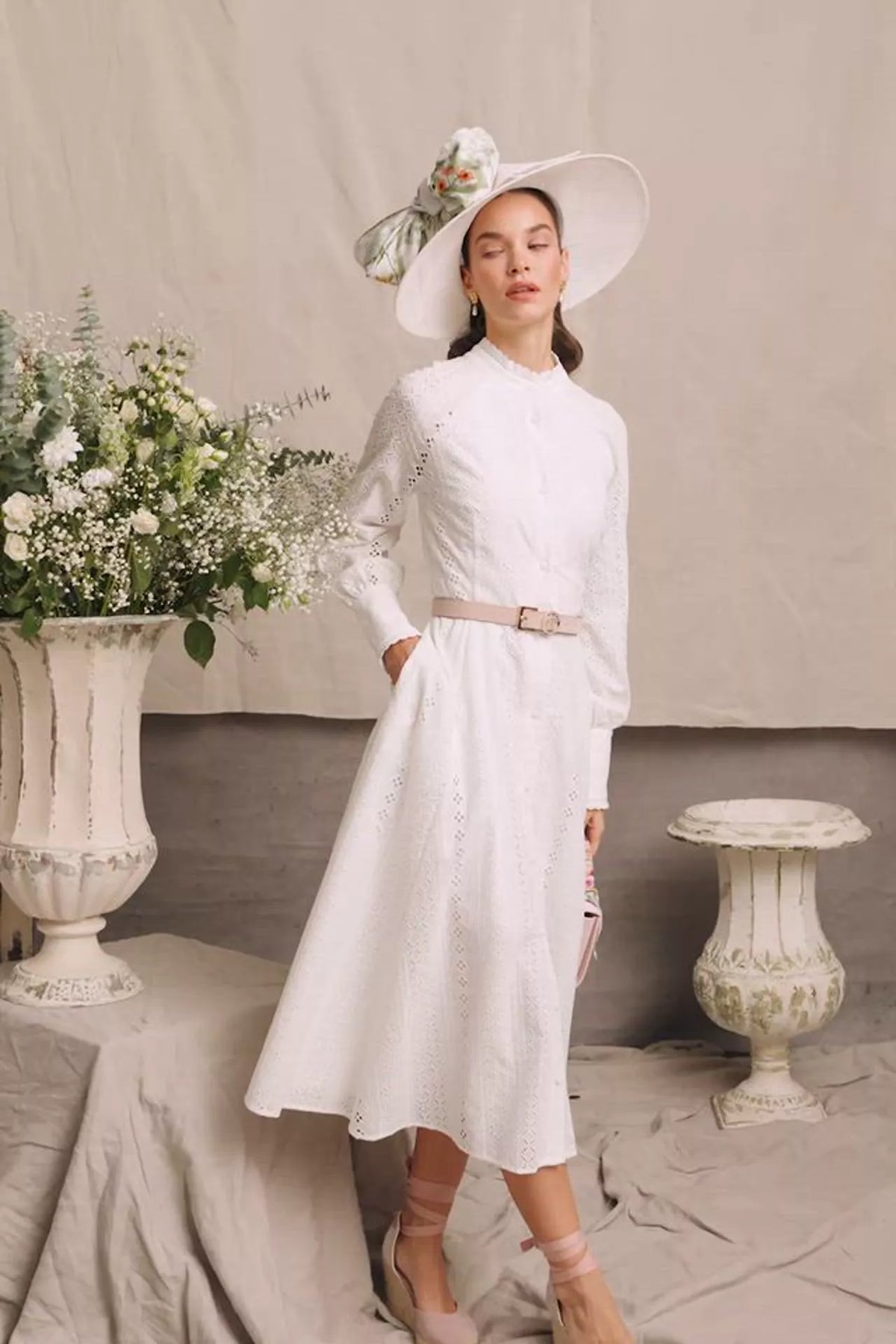 Aimee Collarless Broderie Dress (White)